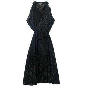 Calvin Klein Black Leaf Print Sheer Maxi Dress‎ Size 12 Belted Button Down